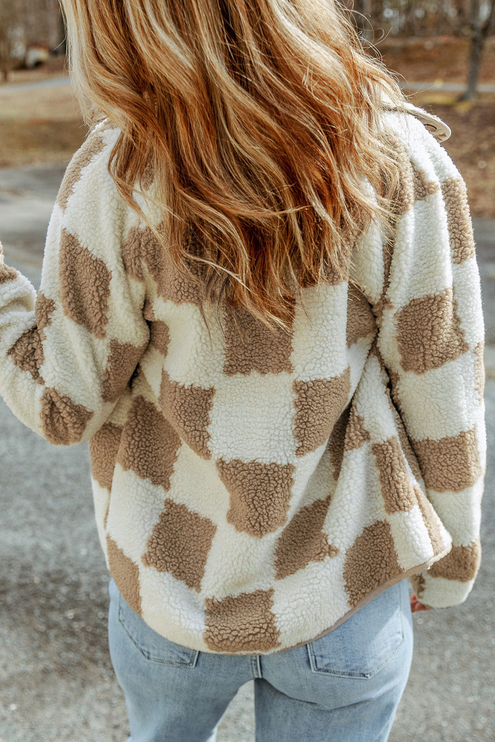 Chaqueta Sherpa con Cuadros Marrones y Botones a Presión