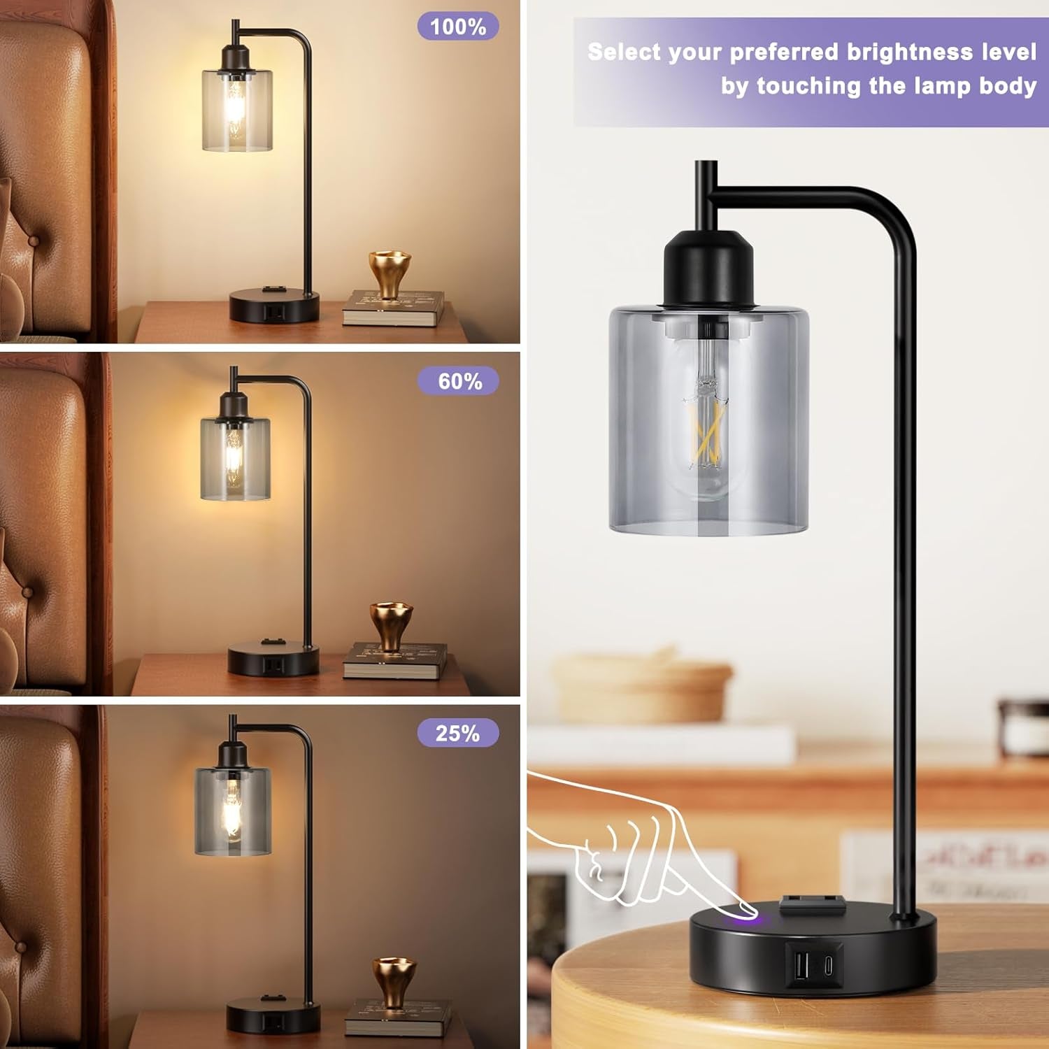 Lámparas de mesa USB regulables de 3 intensidades con pantalla de cristal gris - par