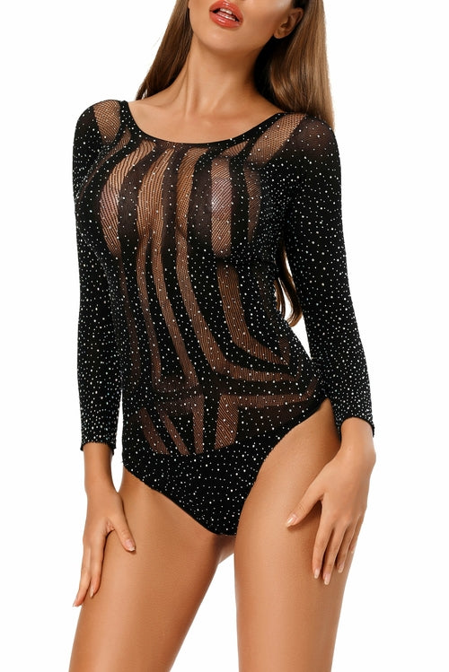 Body de manga larga con diamantes de imitación y diseño calado