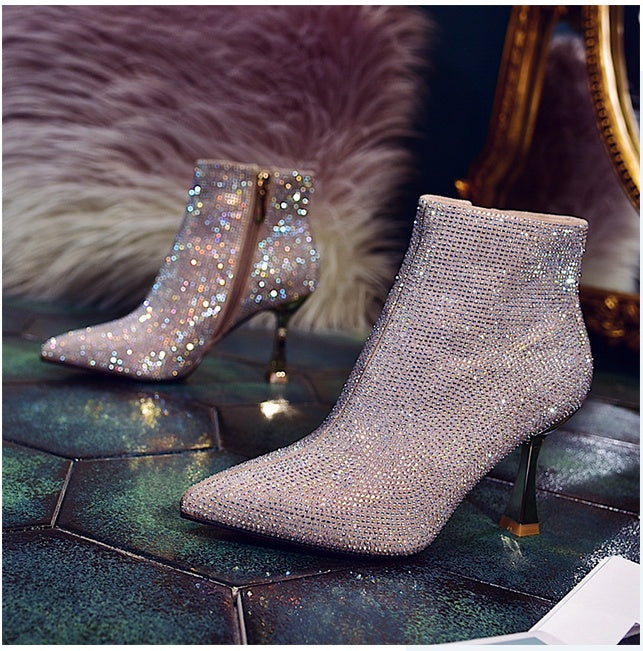 Botines cortos con punta de diamante completos, dorados, para dama de honor, boda
