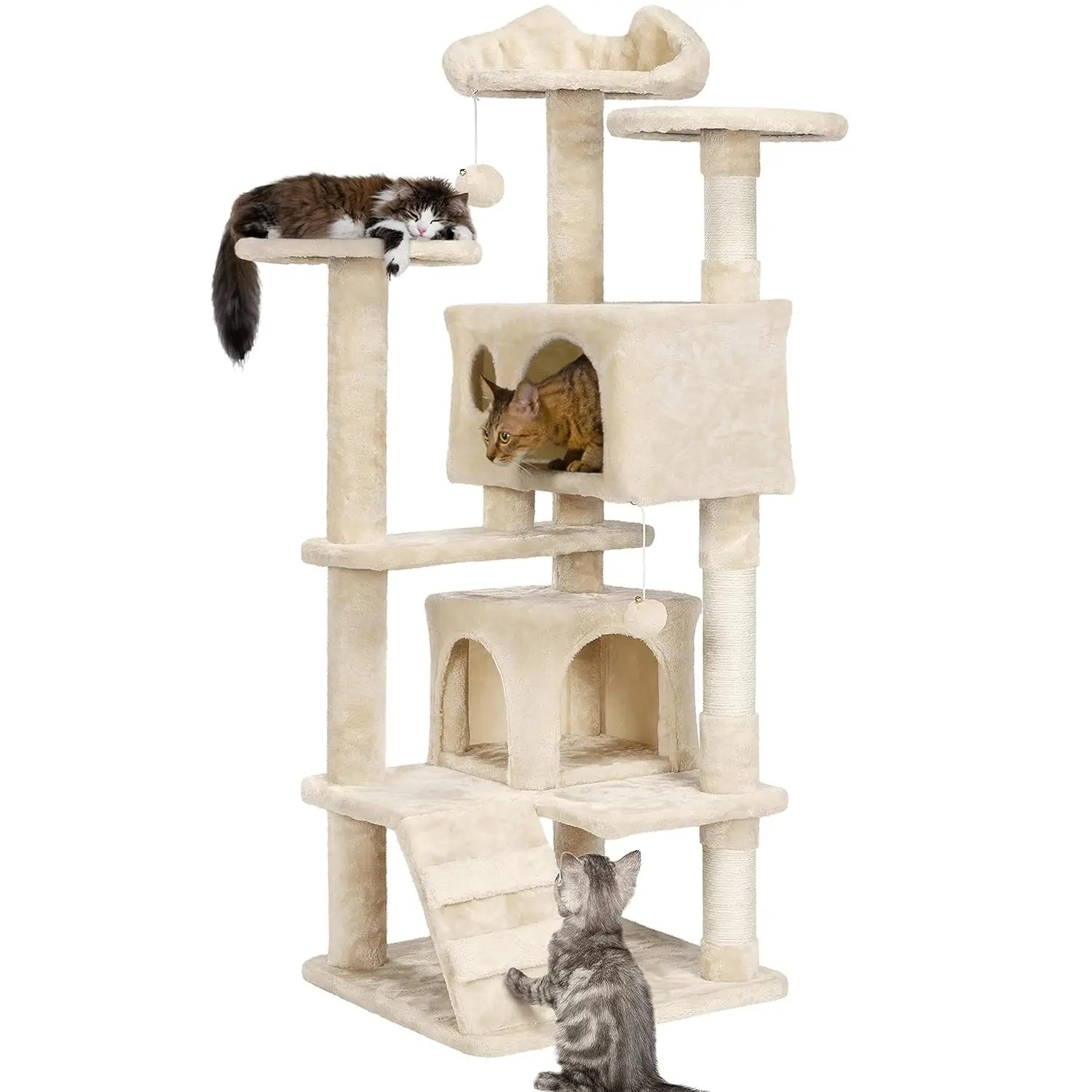 54in Multi-Level Cat Tree Kitten-ear Perch 2 Caves Scratch Posts Ladder 2 Balls Indoor Kittens Durable Pet Furniture , Custom