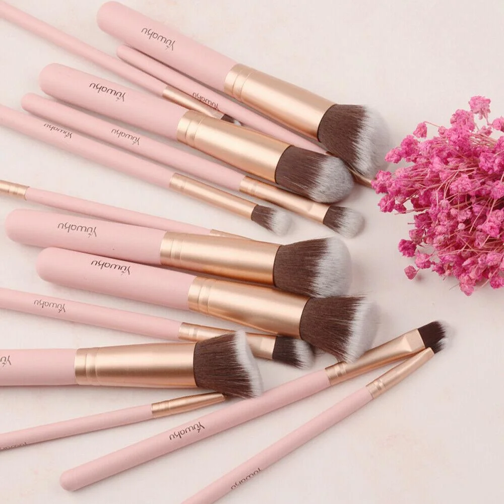 Juego de 14 brochas de maquillaje rosas