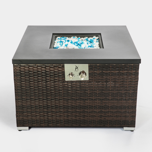 Mesa de fogata de gas cuadrada de mimbre marrón oscuro para exteriores