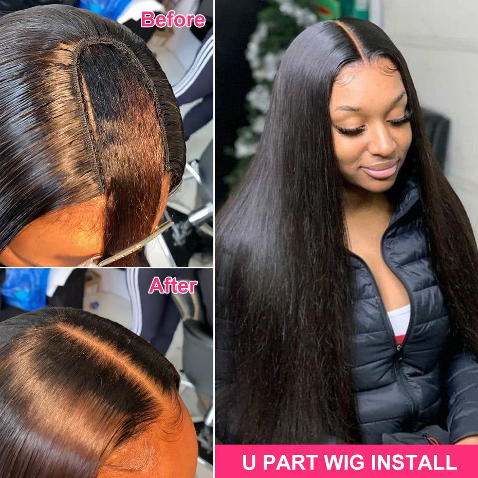 Peluca en U de pelo liso, pelucas de cabello humano para mujeres negras, brasileñas