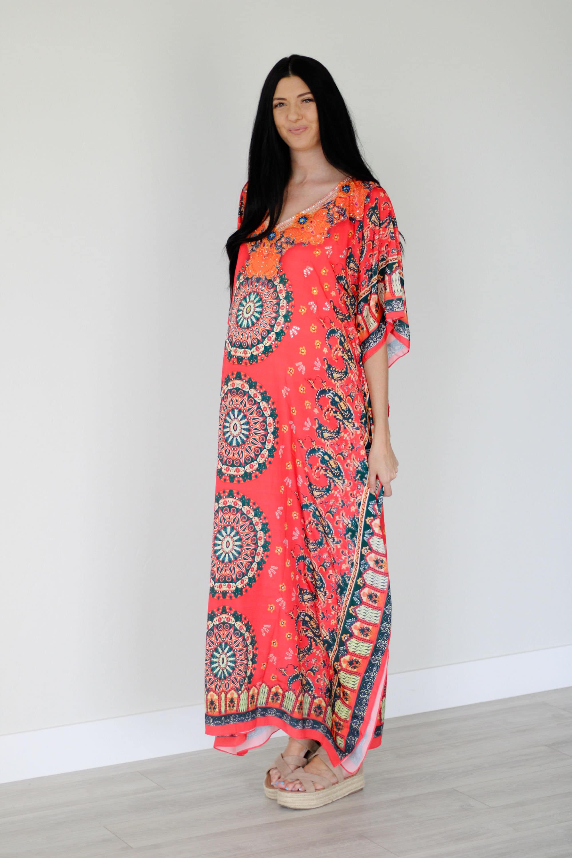 Vestido kaftán mexicano, kaftán de verano para mujer, vestido maxi suelto, seda