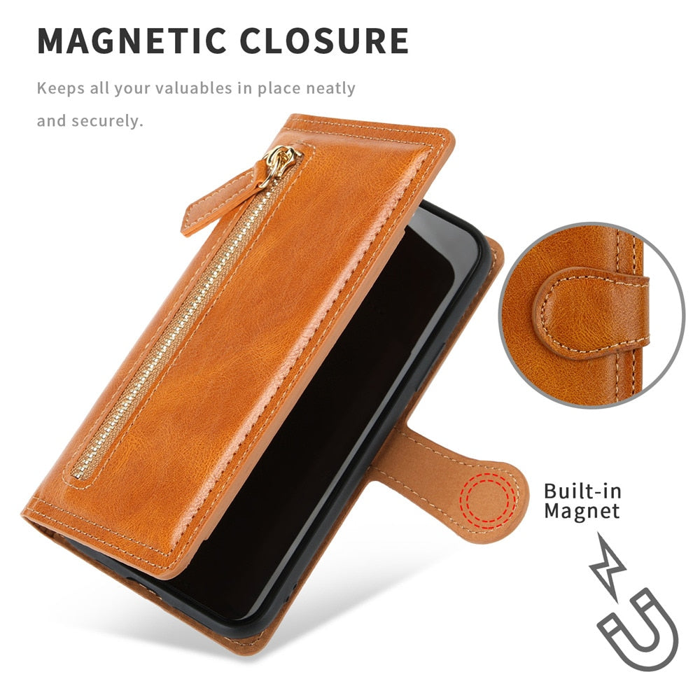 Estuche tipo cartera con cremallera y soporte de carga inalámbrica para iPhone