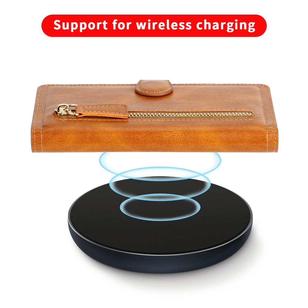 Estuche tipo cartera con cremallera y soporte de carga inalámbrica para iPhone