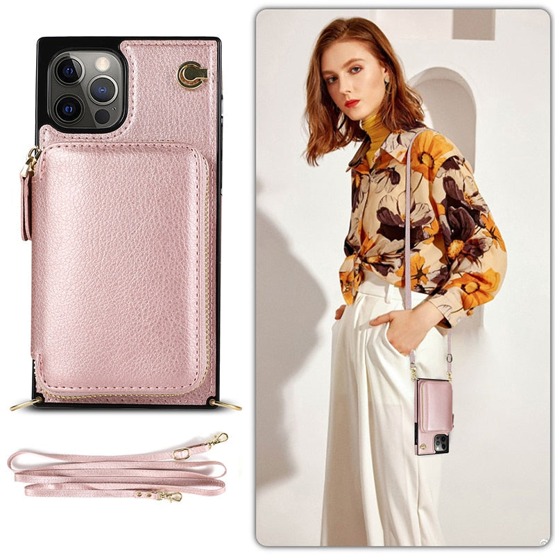 Funda tipo cartera con cremallera y correa cruzada ajustable para iPhone