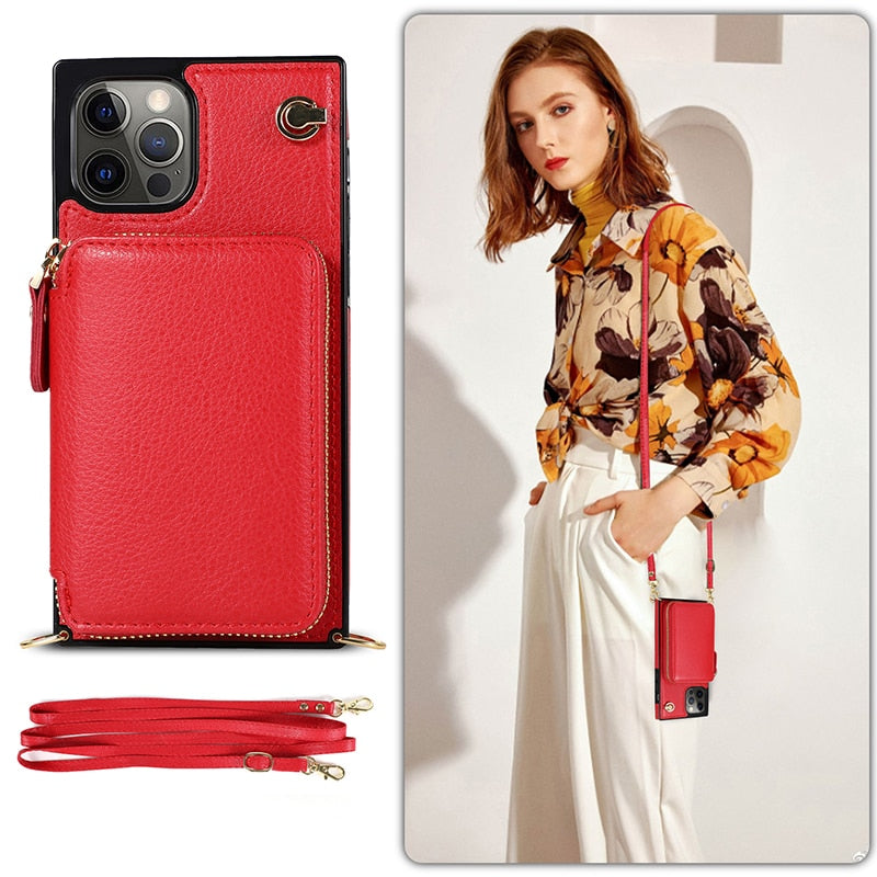 Funda tipo cartera con cremallera y correa cruzada ajustable para iPhone