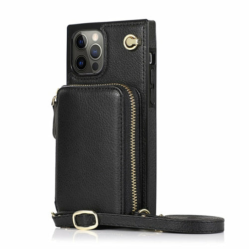 Funda tipo cartera con cremallera y correa cruzada ajustable para iPhone