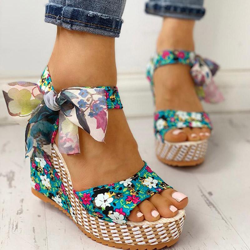 Sandalias de mujer con cordones, puntera abierta, cuña, plataforma, elegantes