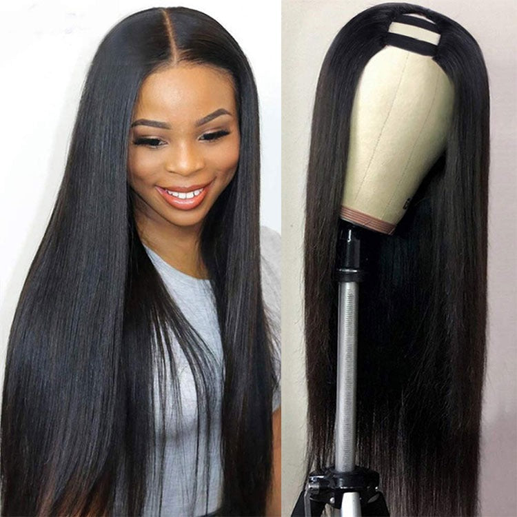 Peluca en U de pelo liso, pelucas de cabello humano para mujeres negras, brasileñas