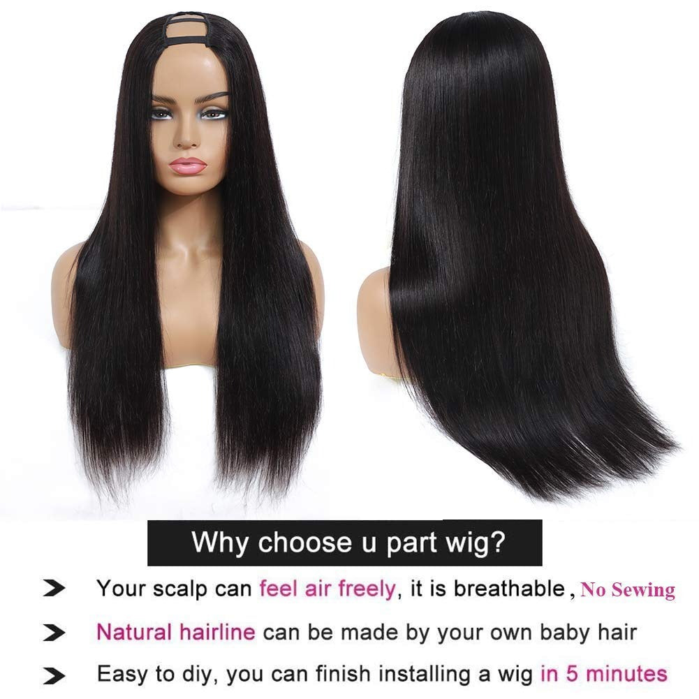 Peluca en U de pelo liso, pelucas de cabello humano para mujeres negras, brasileñas