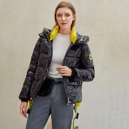 Abrigos cortos de invierno para mujer, parkas cálidas con capucha y chaqueta brillante para damas