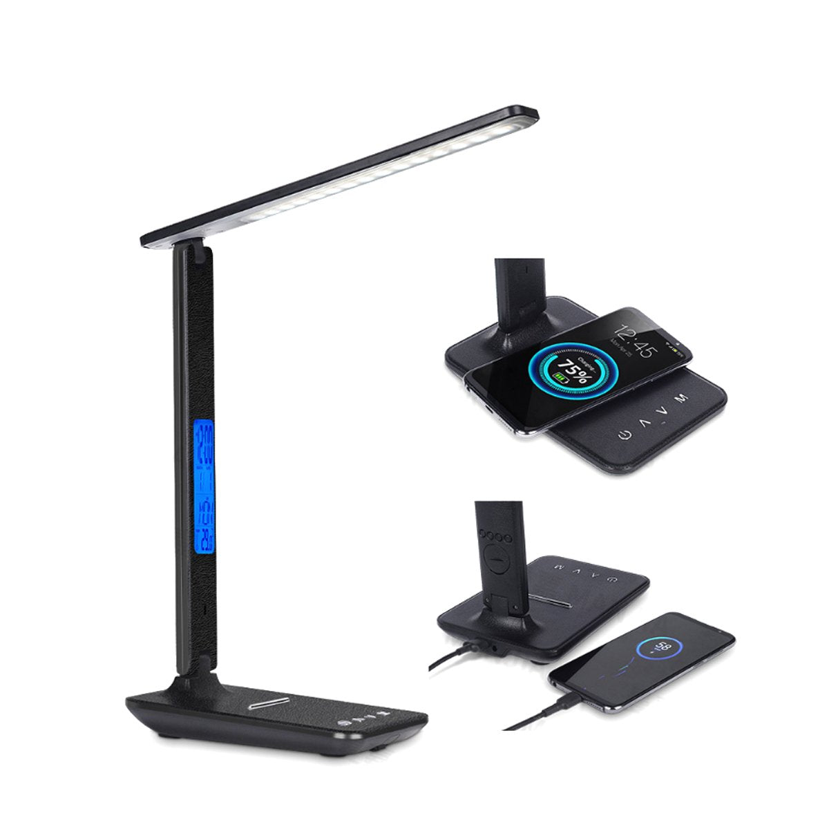 Lámpara Plus 3 en 1 con cargador de teléfono, reloj y termostato