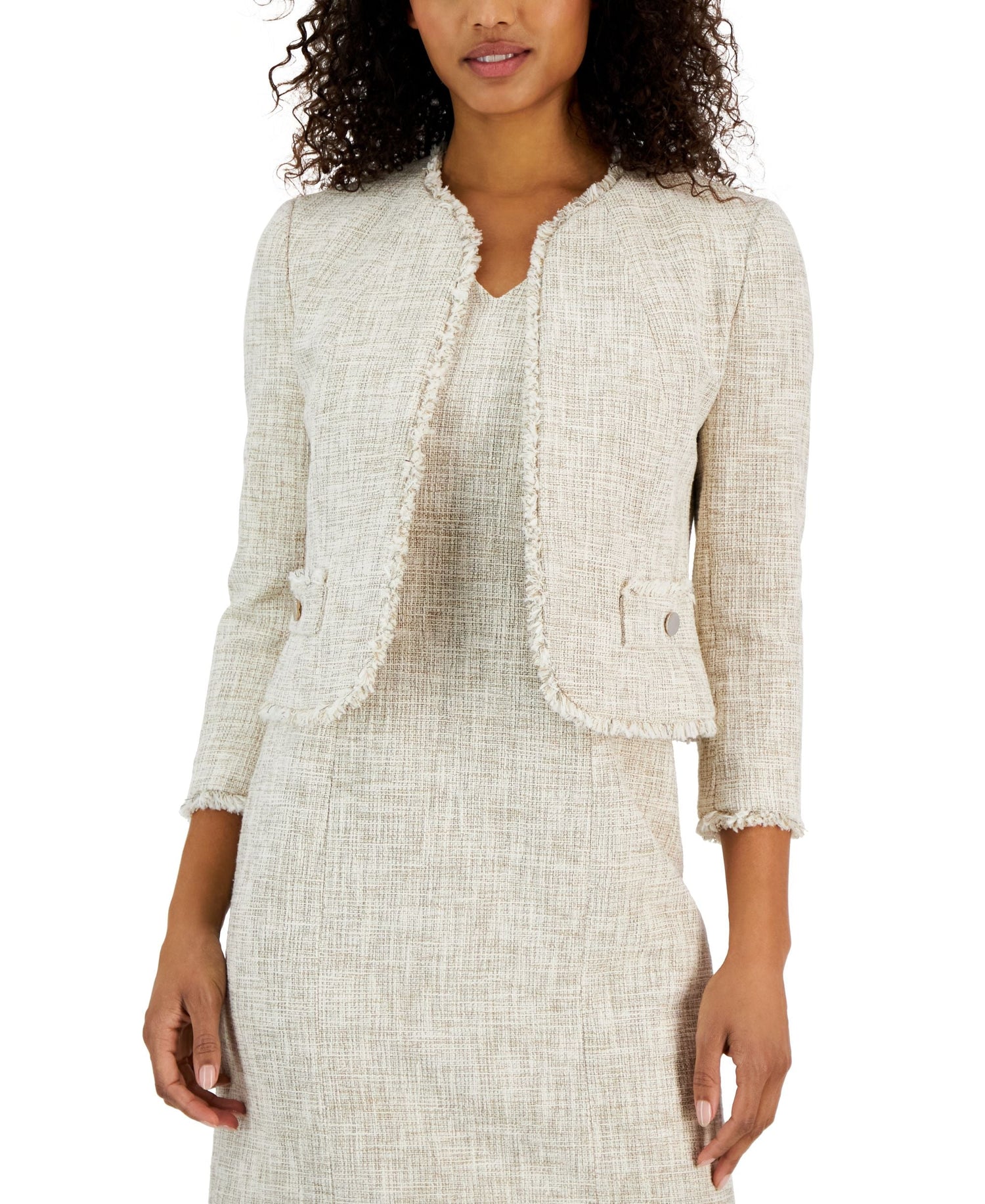 Chaqueta de tweed abierta con flecos y corte tulipán para mujer