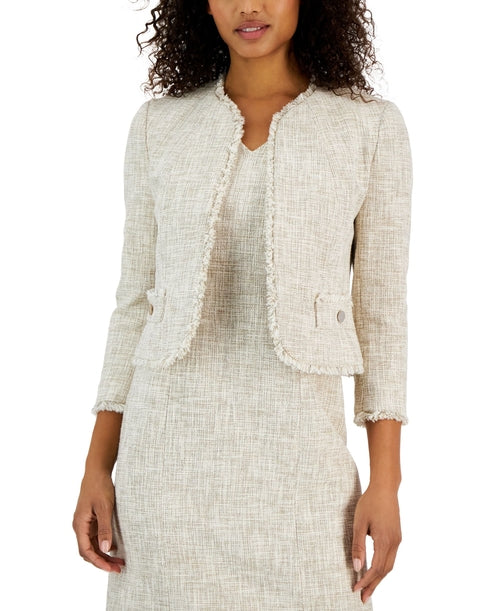 Chaqueta de tweed abierta con flecos y corte tulipán para mujer