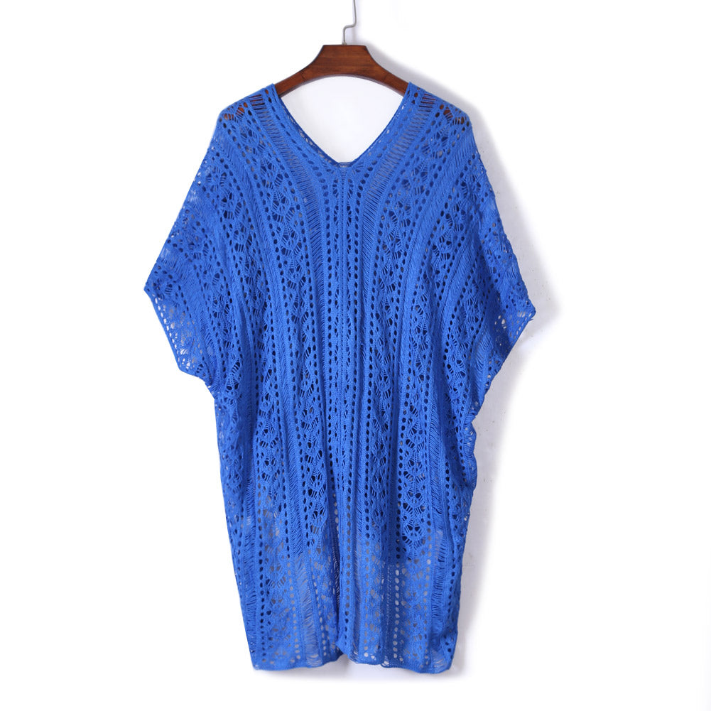 Kimono de crochet azul cobalto con borlas para la playa