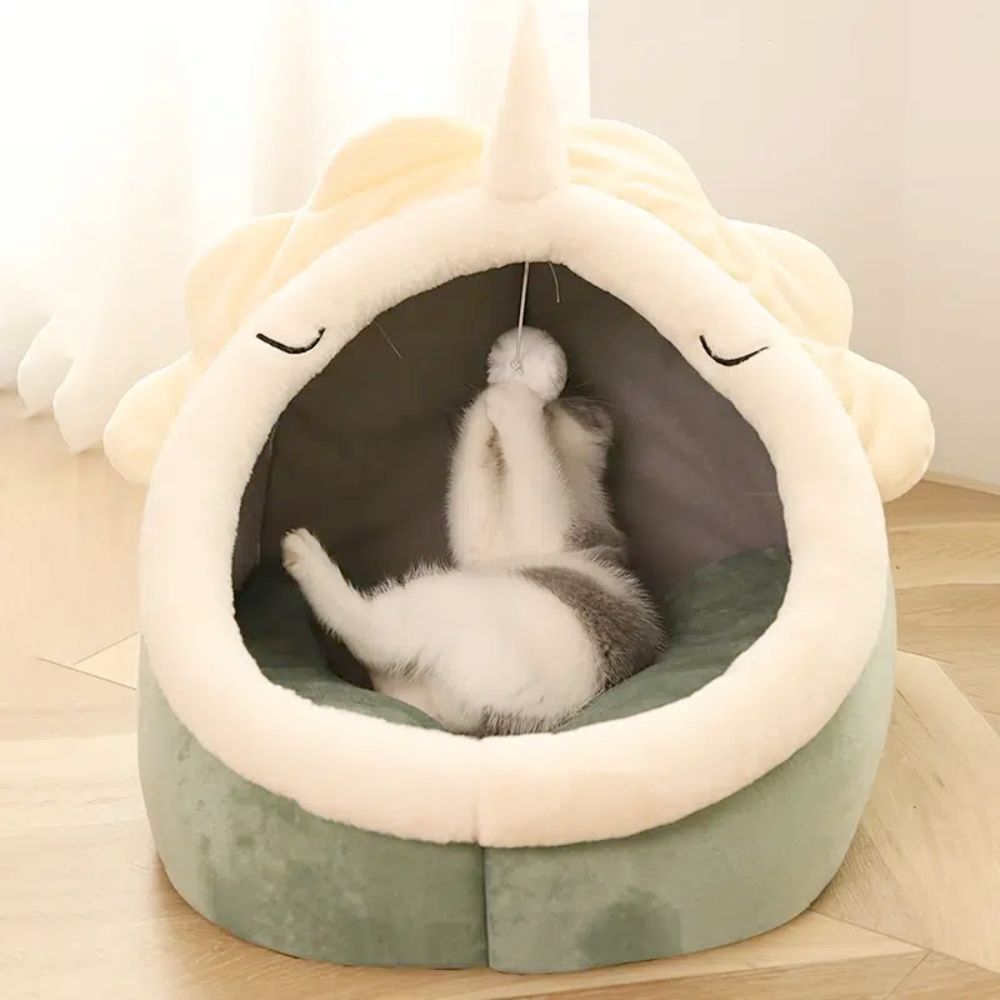 Adorable casa para mascotas con diseño de dinosaurio y juguete