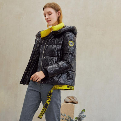 Abrigos cortos de invierno para mujer, parkas cálidas con capucha y chaqueta brillante para damas