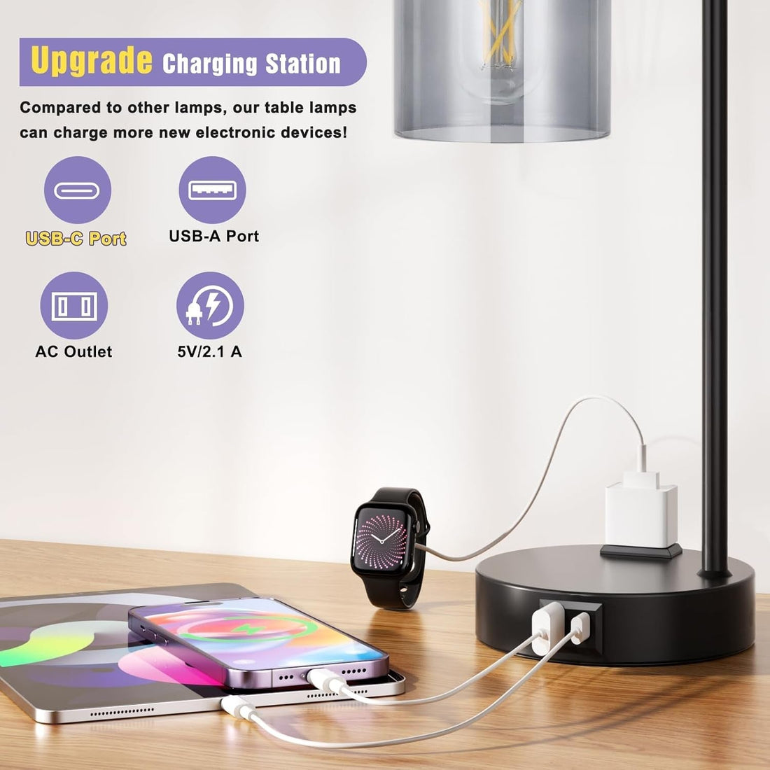 Lámparas de mesa USB regulables de 3 intensidades con pantalla de cristal gris - par