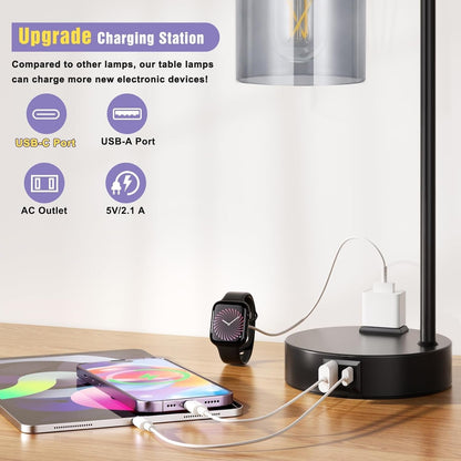 Lámparas de mesa USB regulables de 3 intensidades con pantalla de cristal gris - par