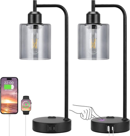 Lámparas de mesa USB regulables de 3 intensidades con pantalla de cristal gris - par