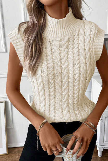Chaleco de punto trenzado de cuello alto color avena