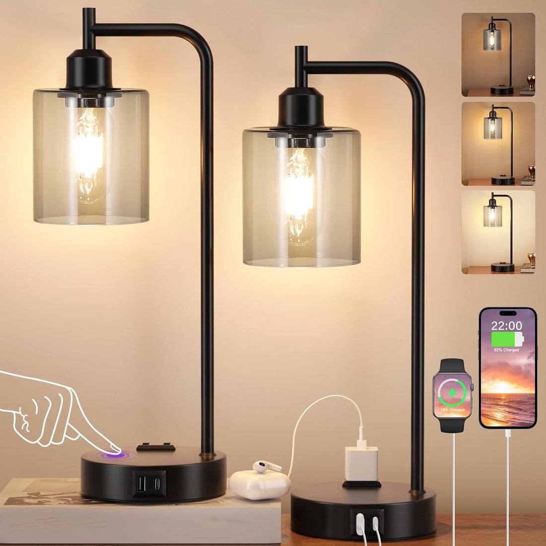 Lámparas de mesa USB regulables de 3 intensidades con pantalla de cristal gris - par