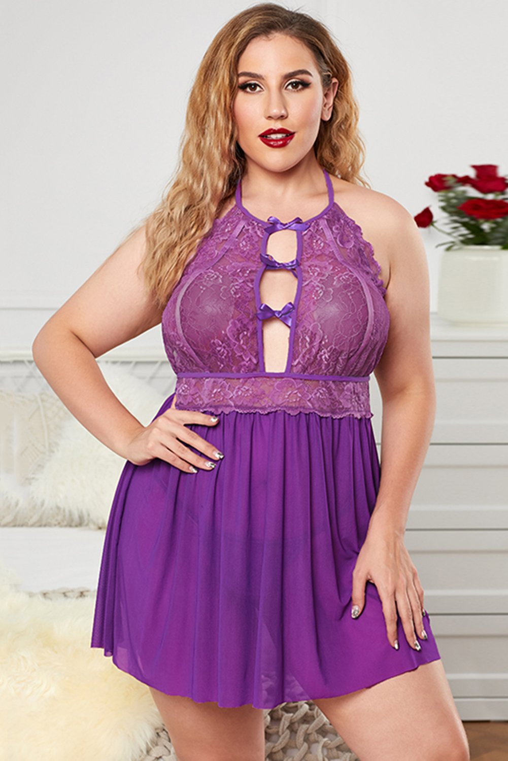 Body de encaje de cuello halter sin espalda de malla tallas grandes