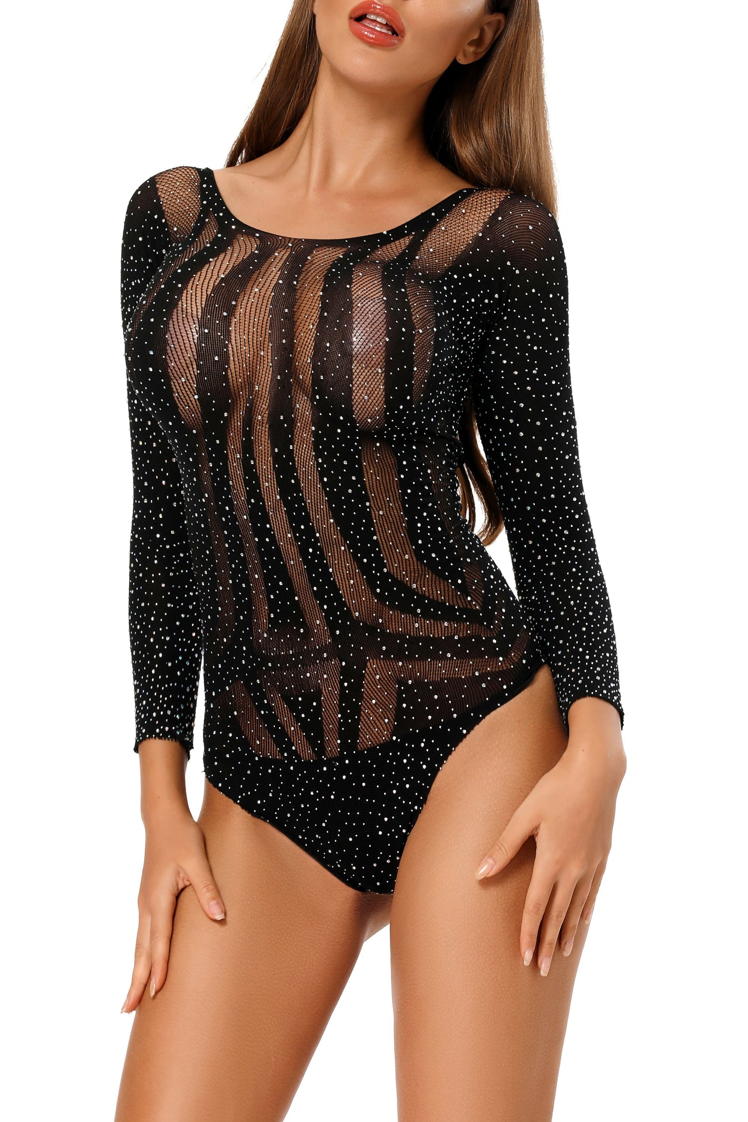 Body de manga larga con diamantes de imitación y diseño calado