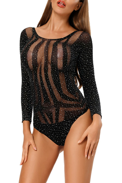 Body de manga larga con diamantes de imitación y diseño calado