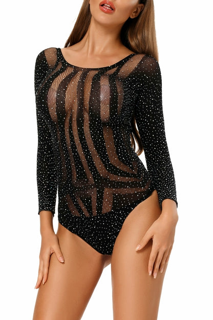 Body de manga larga con diamantes de imitación y diseño calado
