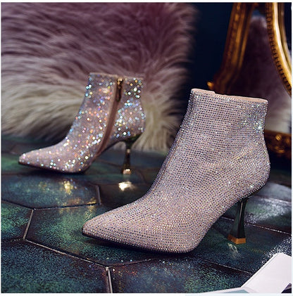 Botines cortos con punta de diamante completos, dorados, para dama de honor, boda