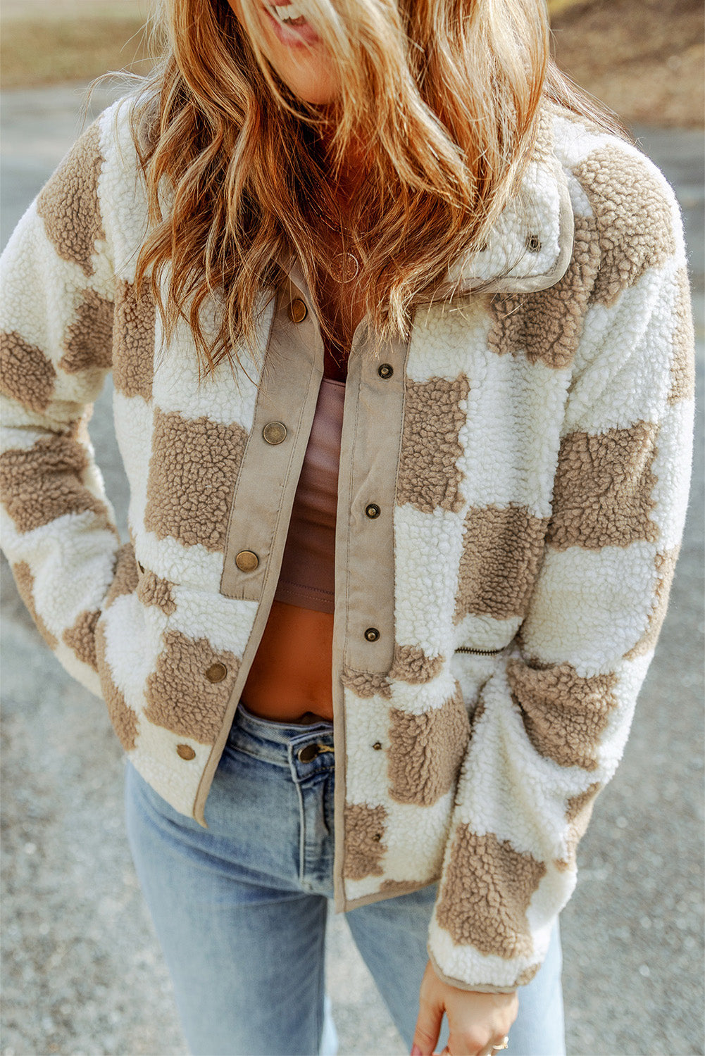 Chaqueta Sherpa con Cuadros Marrones y Botones a Presión