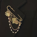 Floral Ribbon Pin Brooch – Elegant Gold Safety Pin with Charms and