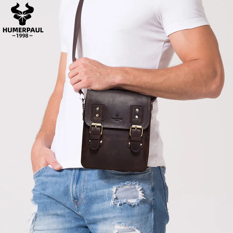 HUMERPAUL Bolso de Hombro de Cuero Hecho a Mano Crazy Horse, Estilo Vintage, Tipo Bandolera, para Ipad, para Negocios, Trabajo, Viajes