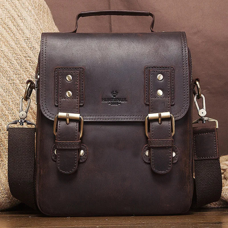 HUMERPAUL Bolso de Hombro de Cuero Hecho a Mano Crazy Horse, Estilo Vintage, Tipo Bandolera, para Ipad, para Negocios, Trabajo, Viajes