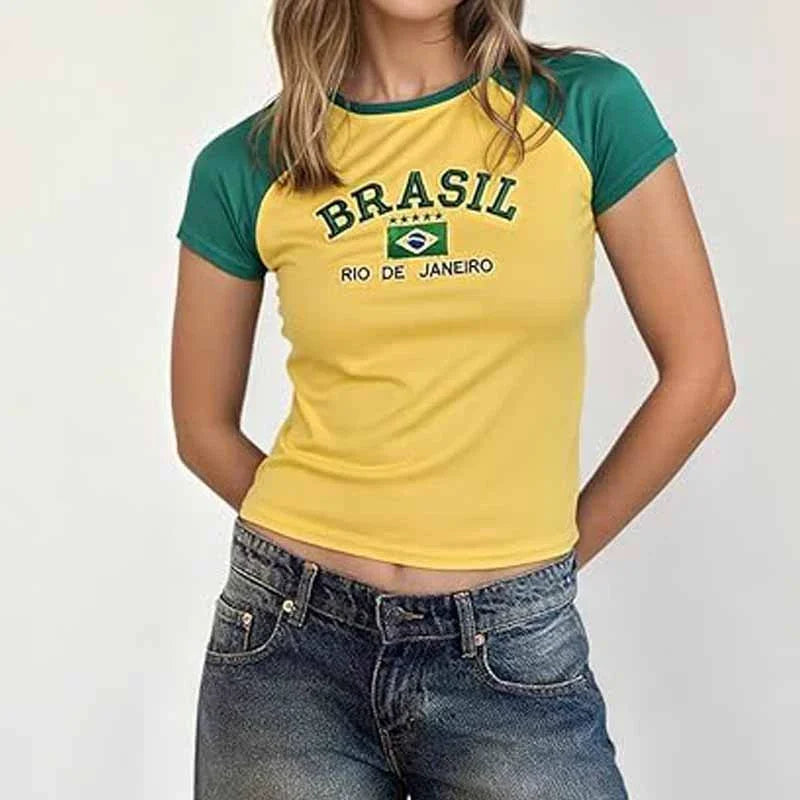 2026 Summer Women's Short Sleeved T-shirt Sexy Slimming Top Brazilian Flag Letter Embroidered Casual Sexy