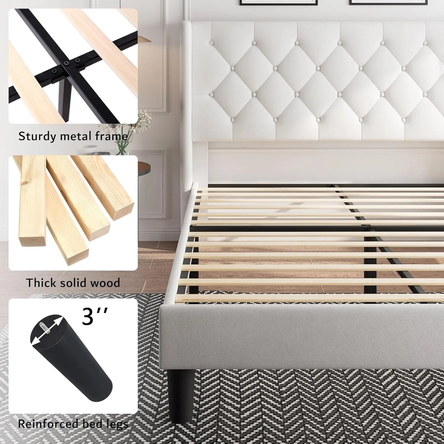 Queen Velvet Platform Bed Button Tufted Upholstered Frame Wooden Slats 8" Underbed Storage No Box Spring Noise Free Easy Assembl