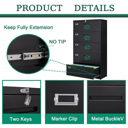 5 Drawer File Cabinet With Lock,Metal Lateral Filing Cabinets For Home Office Hanging Files Letter/Legal/F4/A4, Customize