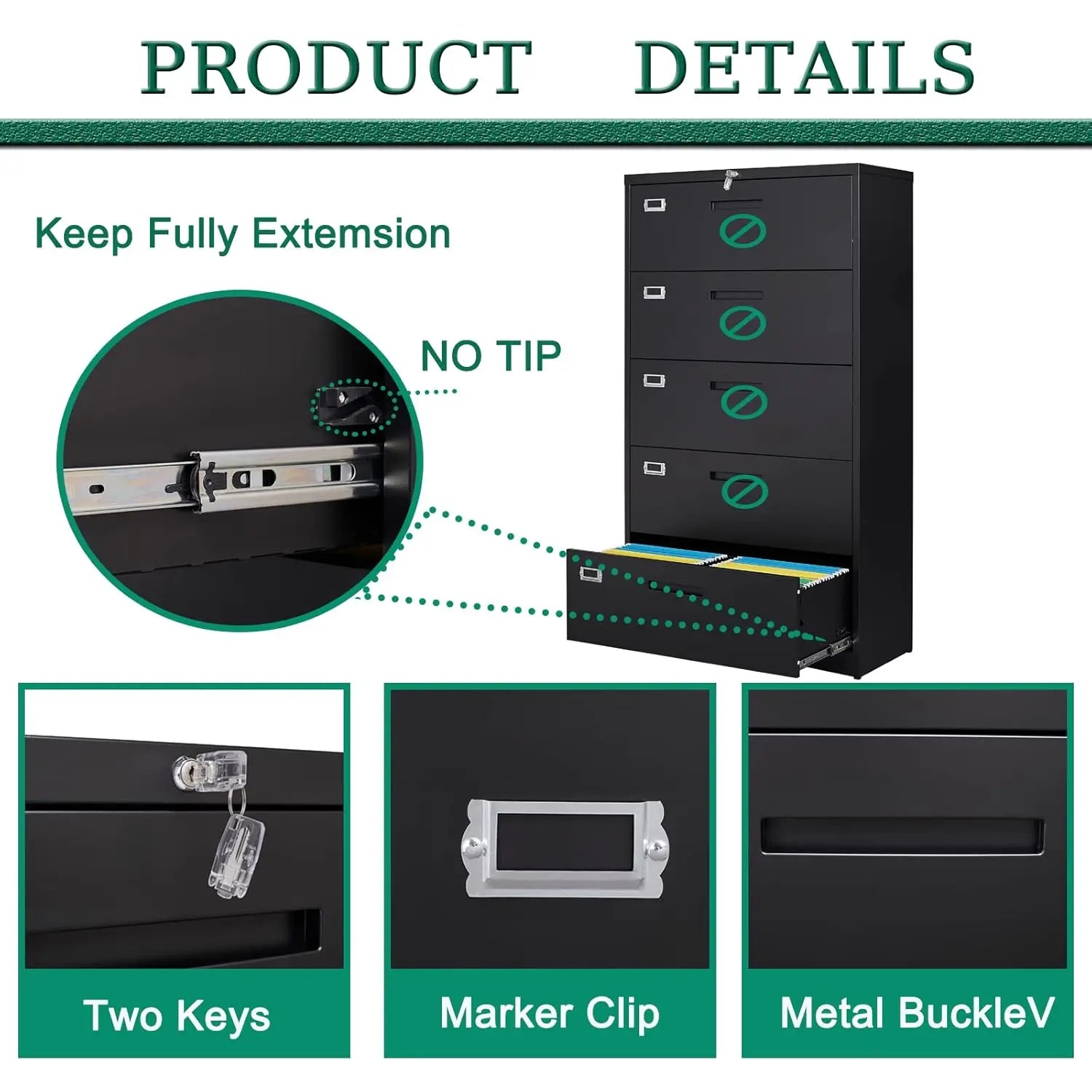 5 Drawer File Cabinet With Lock,Metal Lateral Filing Cabinets For Home Office Hanging Files Letter/Legal/F4/A4, Customize