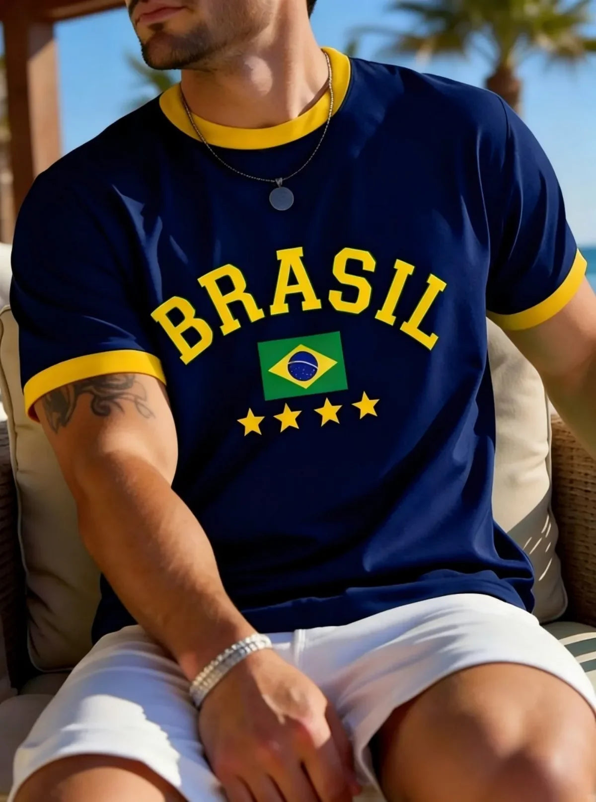 Men's Summer T-shirt with 3D Pattern of The Brazilian Flag. Casual Round-neck Design. Fashionable Streetwear