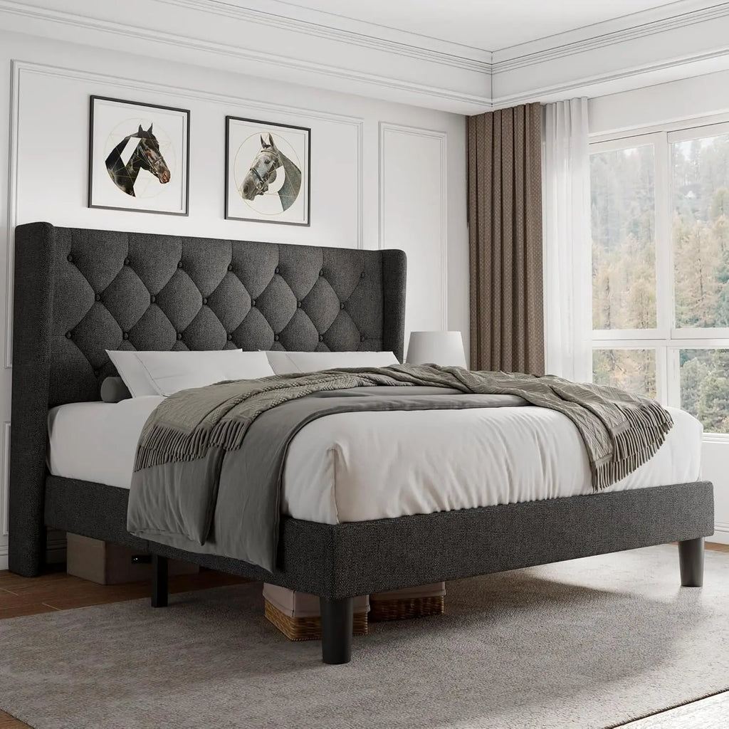 Queen Velvet Platform Bed Button Tufted Upholstered Frame Wooden Slats 8" Underbed Storage No Box Spring Noise Free Easy Assembl