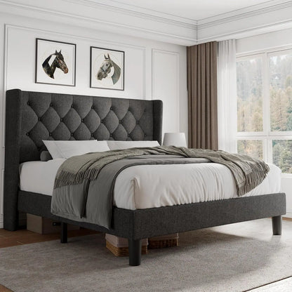 Queen Velvet Platform Bed Button Tufted Upholstered Frame Wooden Slats 8" Underbed Storage No Box Spring Noise Free Easy Assembl