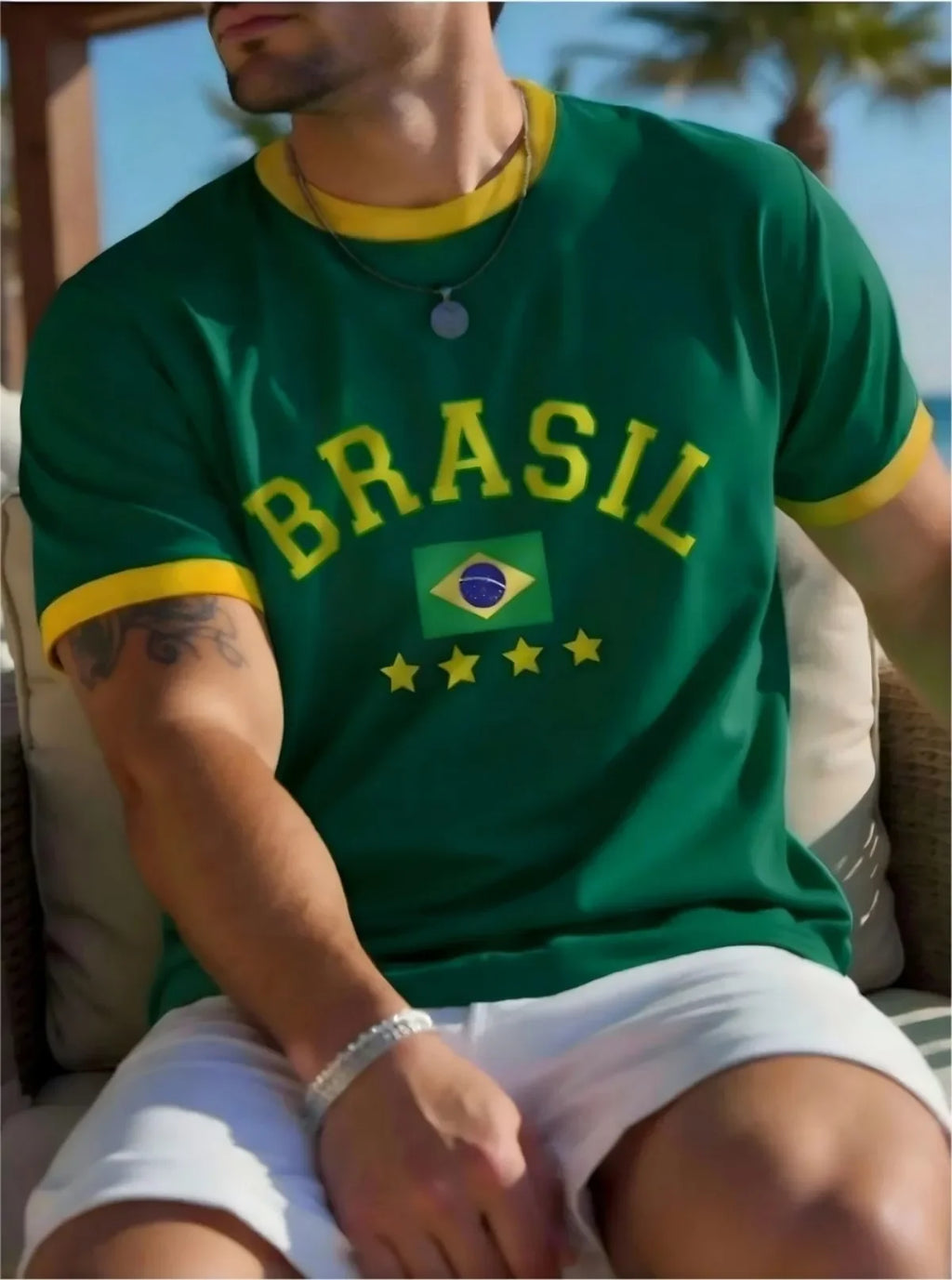 Men's Summer T-shirt with 3D Pattern of The Brazilian Flag. Casual Round-neck Design. Fashionable Streetwear