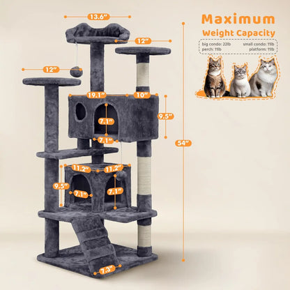 54in Multi-Level Cat Tree Kitten-ear Perch 2 Caves Scratch Posts Ladder 2 Balls Indoor Kittens Durable Pet Furniture , Custom