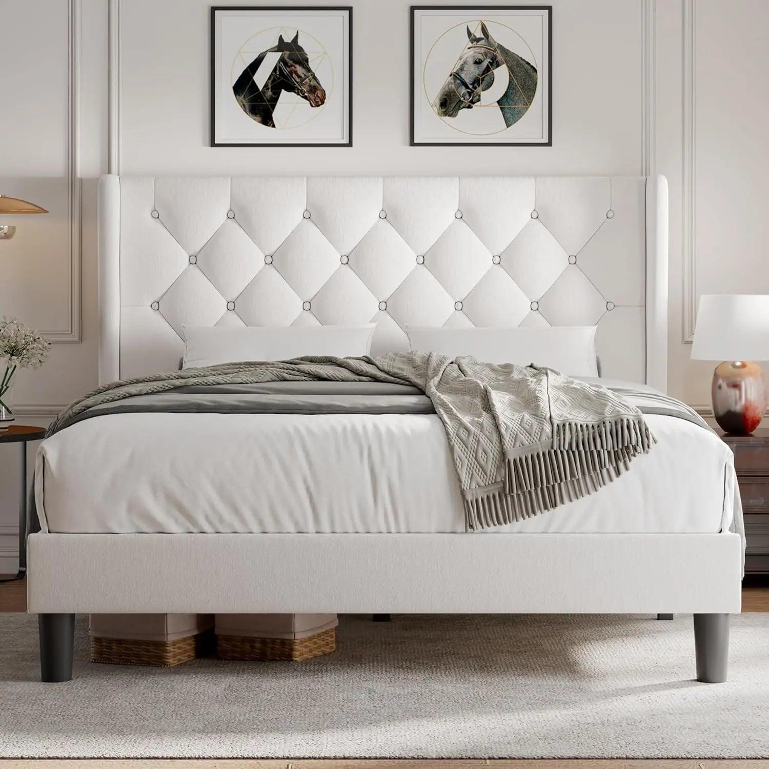 Queen Velvet Platform Bed Button Tufted Upholstered Frame Wooden Slats 8" Underbed Storage No Box Spring Noise Free Easy Assembl