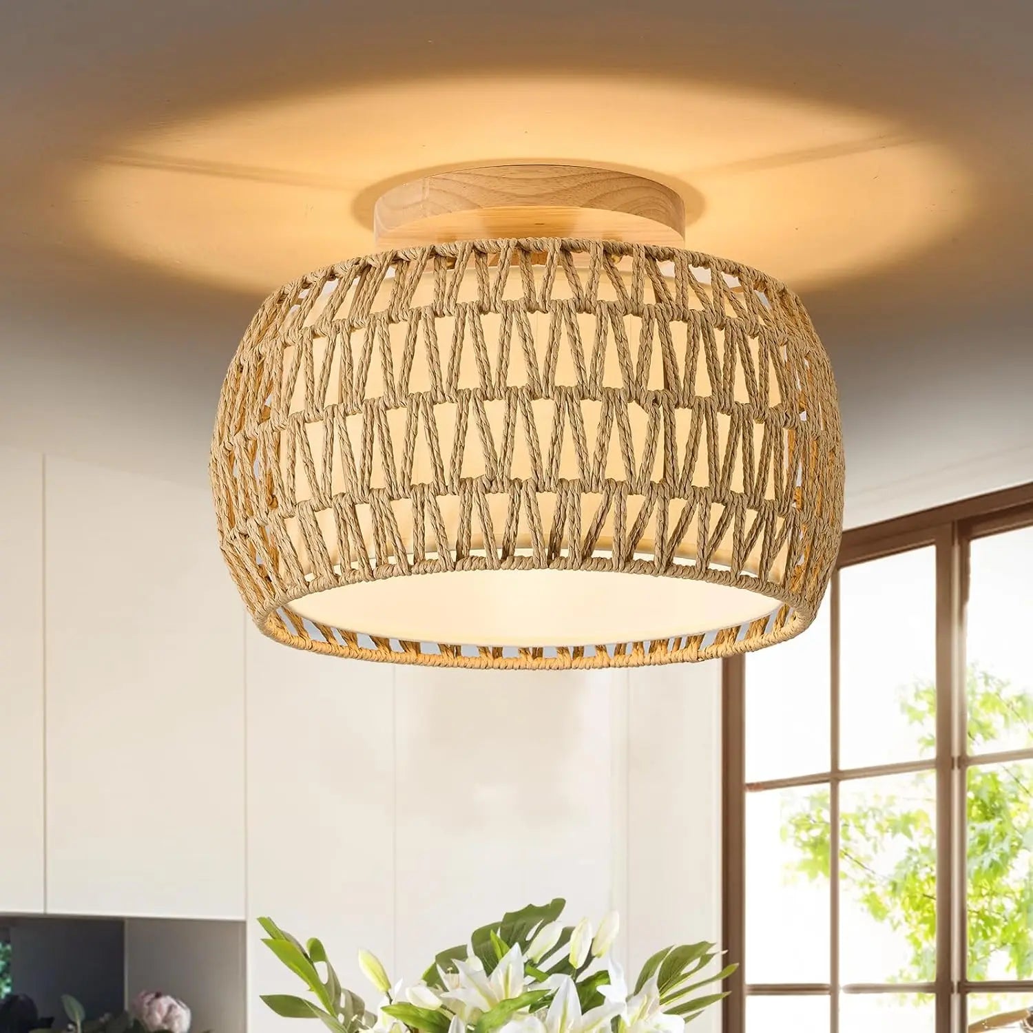 Vine embedded ceiling light, rural style wicker hand woven rope cage Used for dining room, kitchen, bedroom