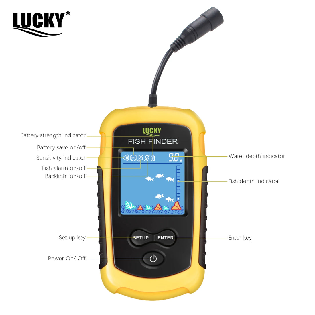 FFC1108-1 Alarma Sonda Portátil Buscador de Peces de 100M Cobertura de Sonda de 45 Grados Alarma de Ecosonda Transductor Pesca en Lago Mar